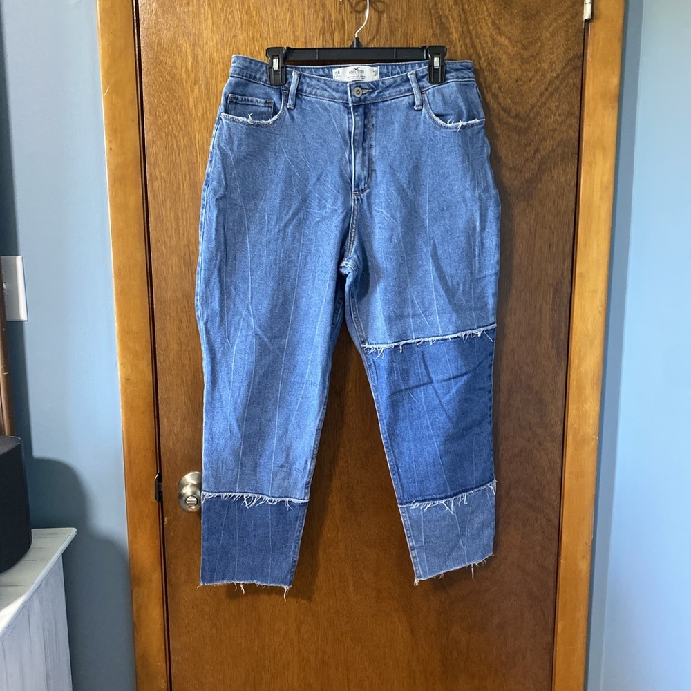 Hollister Curvy High Rise Mom Jeans Patchwork Tapered Leg Blue Denim 15R W32 L27